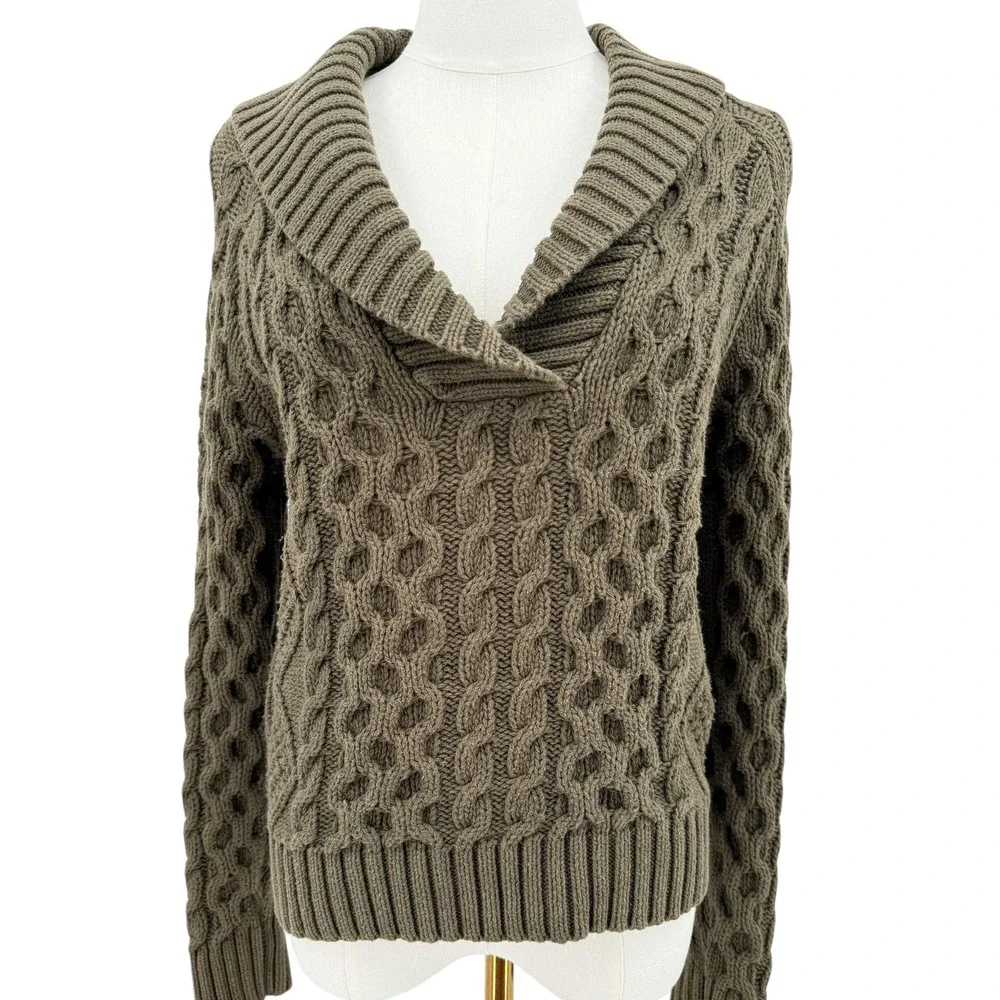 Denim & Supply‎ Womens Sweater Cropped Cable Knit Shawl Collar Olive Green Med